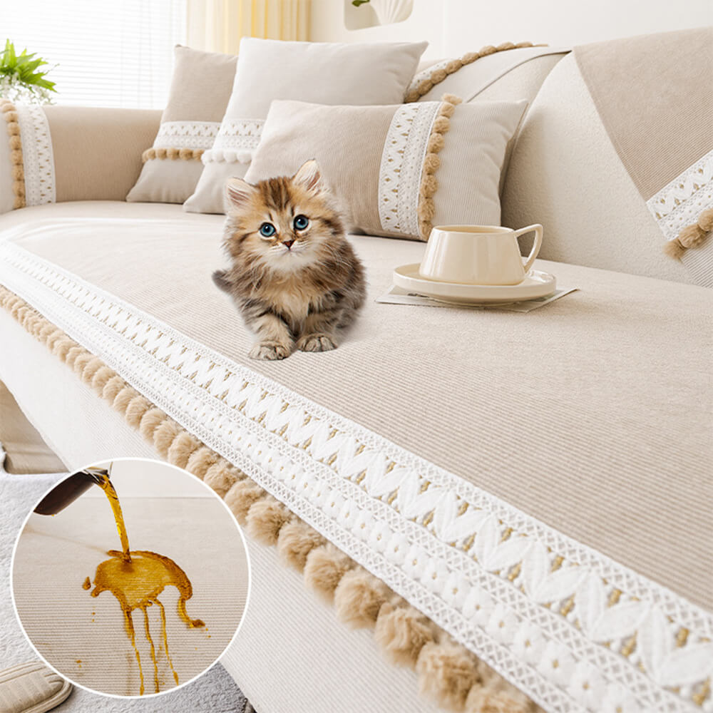 All-Season Waterproof Anti-Scratch Soft Corduroy Couch Cover with Pom-poms