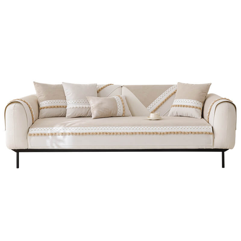 All-Season Waterproof Anti-Scratch Soft Corduroy Couch Cover with Pom-poms