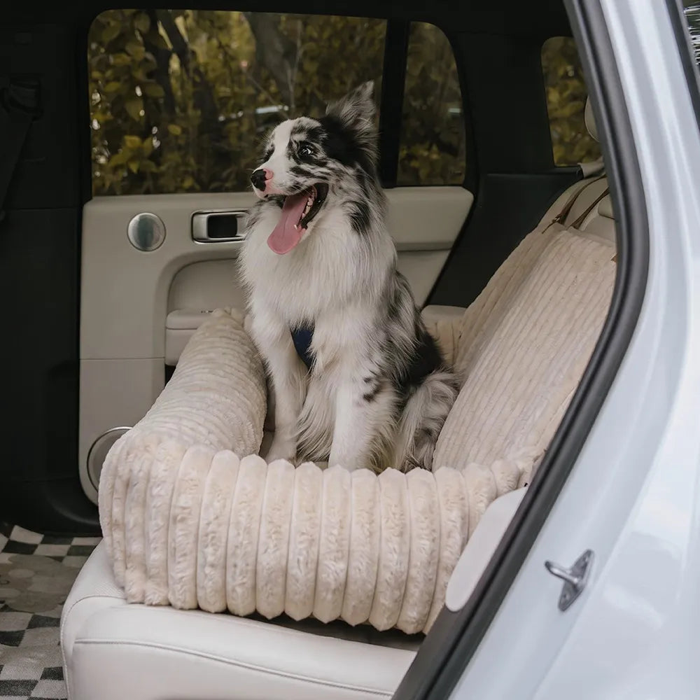 Waterproof Ribbed Plush Bolster Dog Car Seat Bed & Safety Tethers