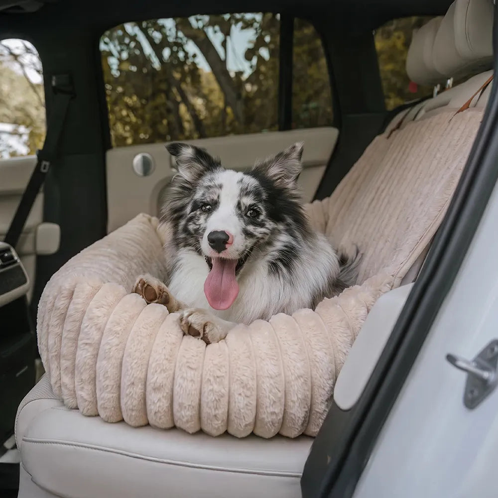 Waterproof Ribbed Plush Bolster Dog Car Seat Bed & Safety Tethers