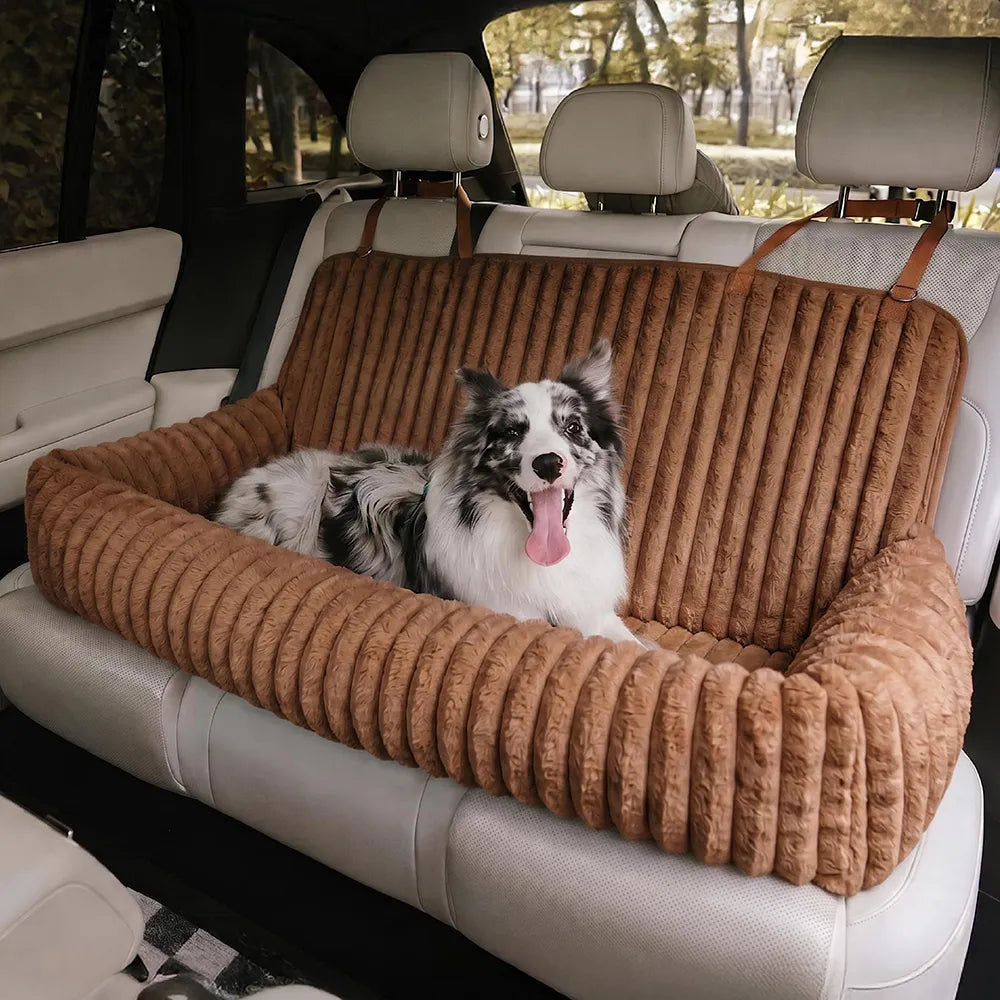 Waterproof Ribbed Plush Bolster Dog Car Seat Bed & Safety Tethers