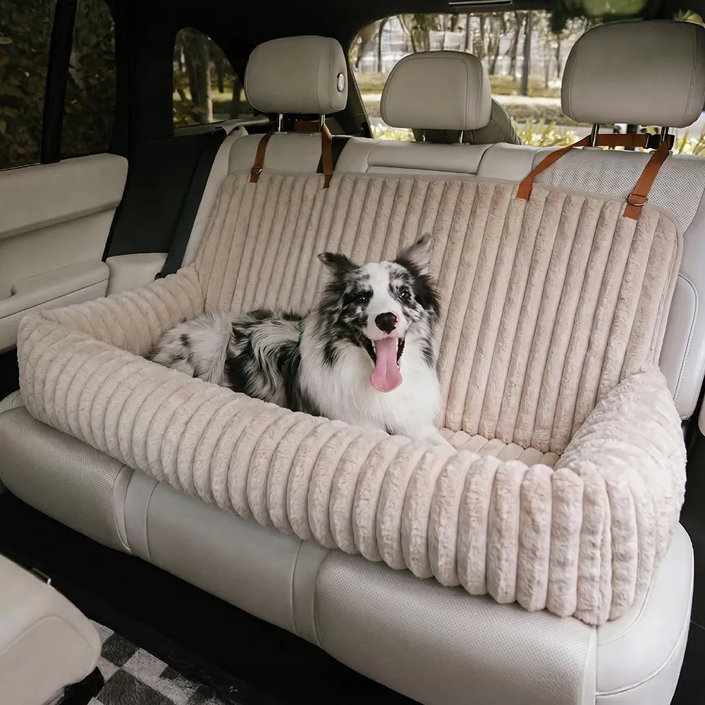 Waterproof Ribbed Plush Bolster Dog Car Seat Bed & Safety Tethers