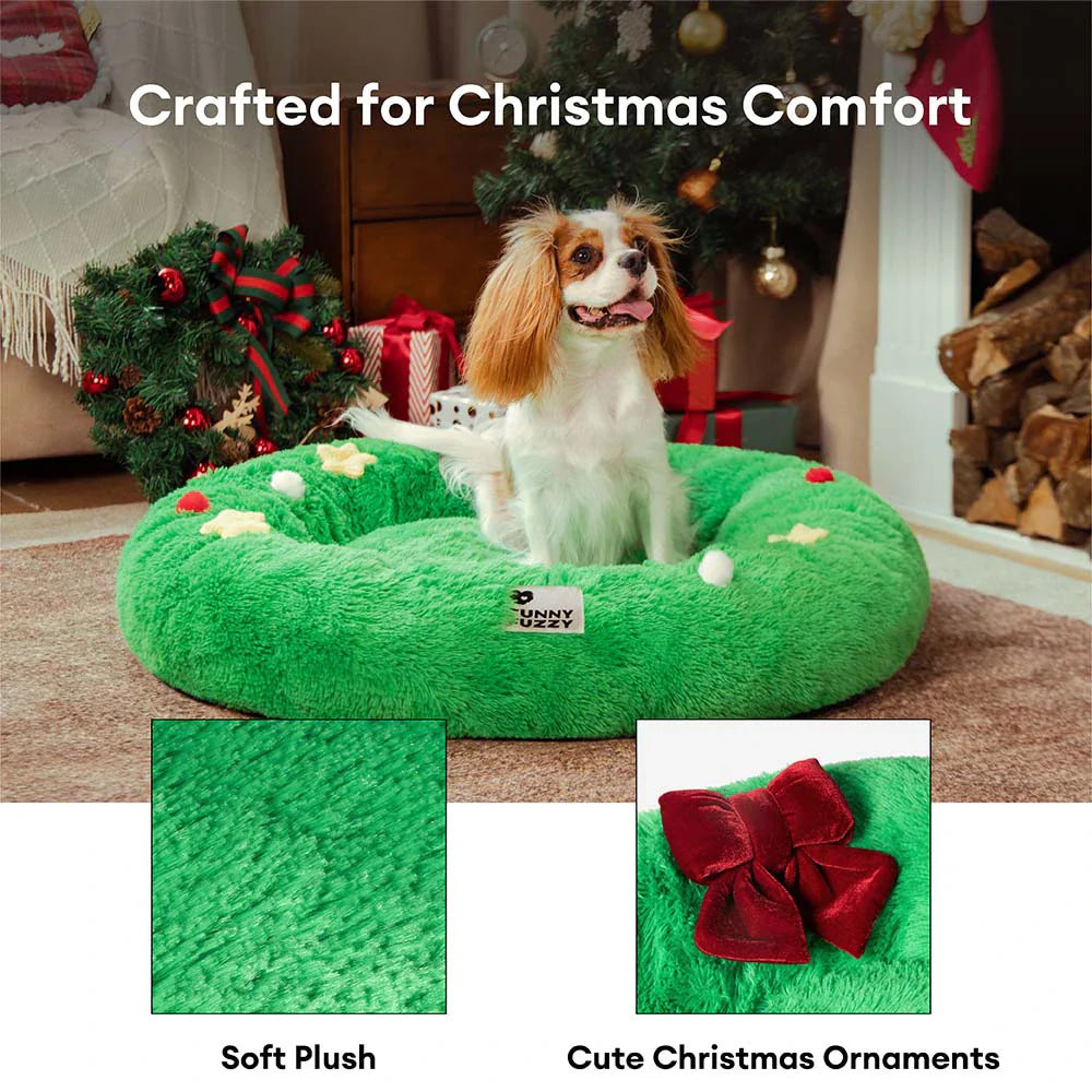 FUNNYFUZZY Christmas Wreath Plush Calming Dog Bed – HolidaySnuggle