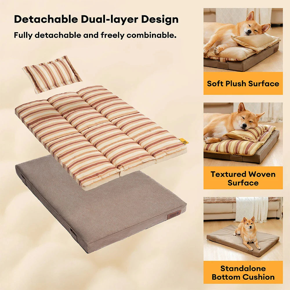 Trendy Striped Detachable Dual-layer Orthopedic Dog Bed With Pillow - CloudNap