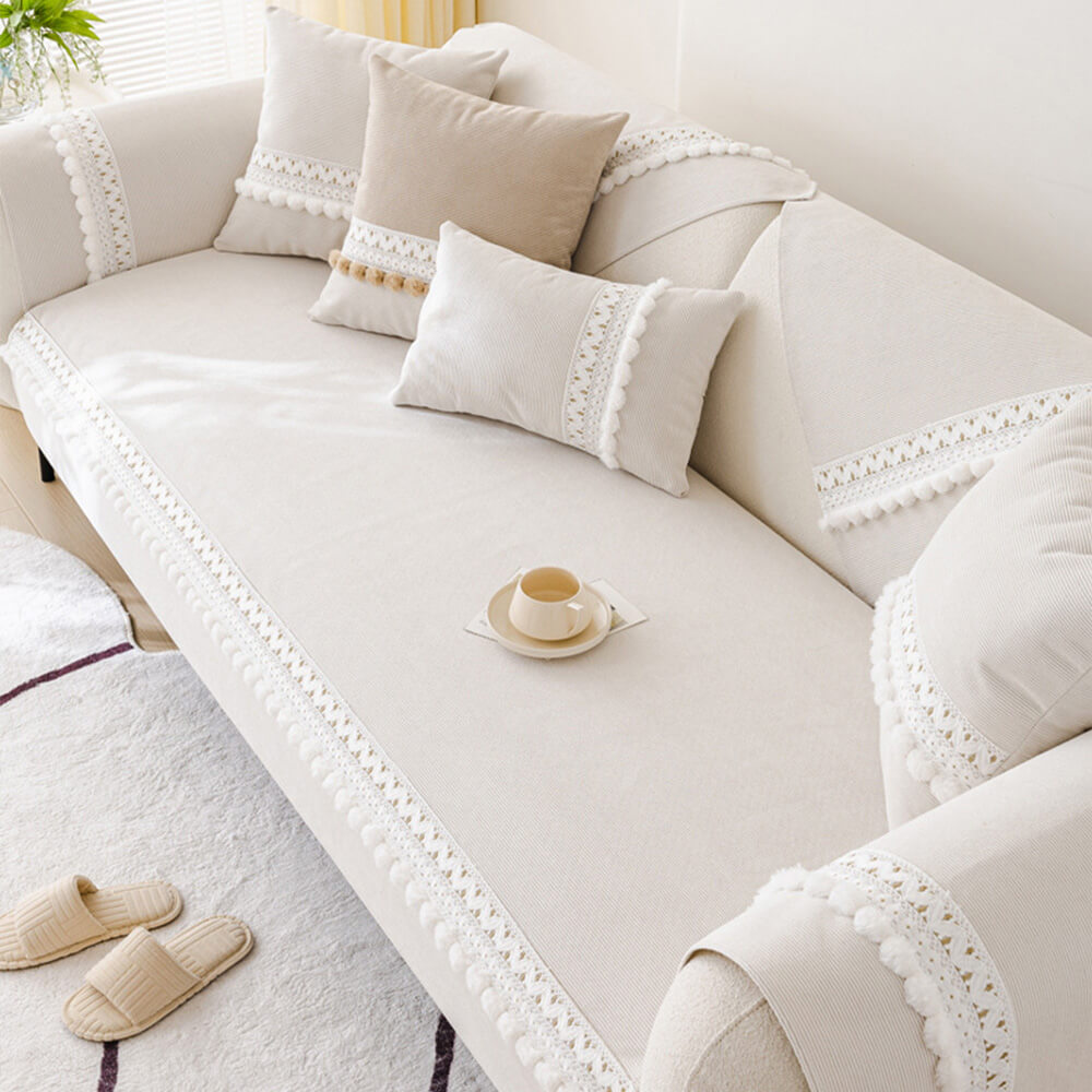All-Season Waterproof Anti-Scratch Soft Corduroy Couch Cover with Pom-poms