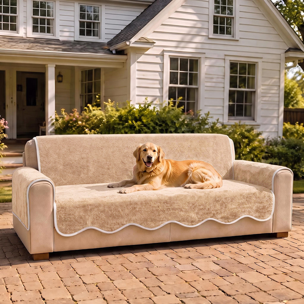 Waterproof Plush Velvet Contrast Wavy Edge Couch Cover