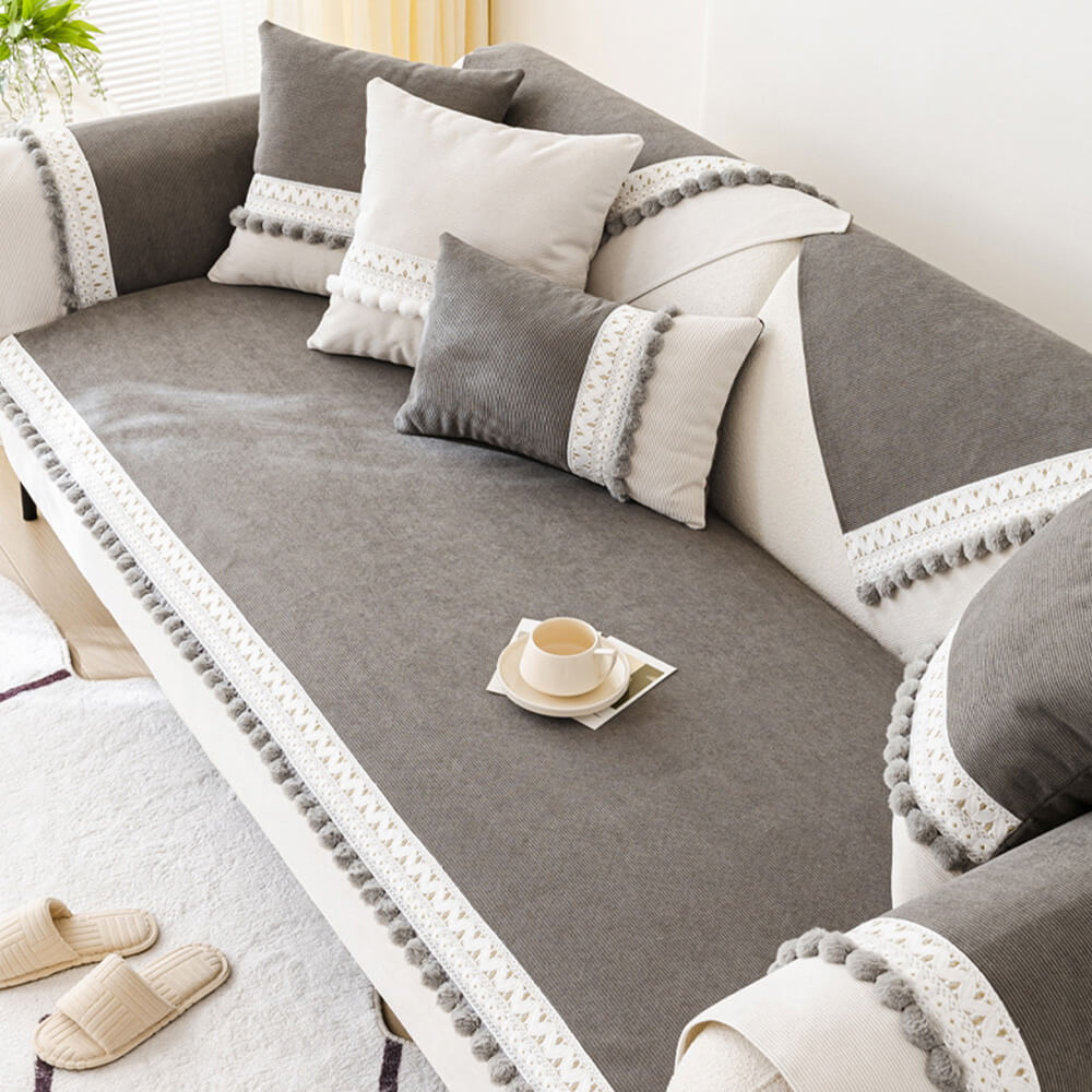 All-Season Waterproof Anti-Scratch Soft Corduroy Couch Cover with Pom-poms