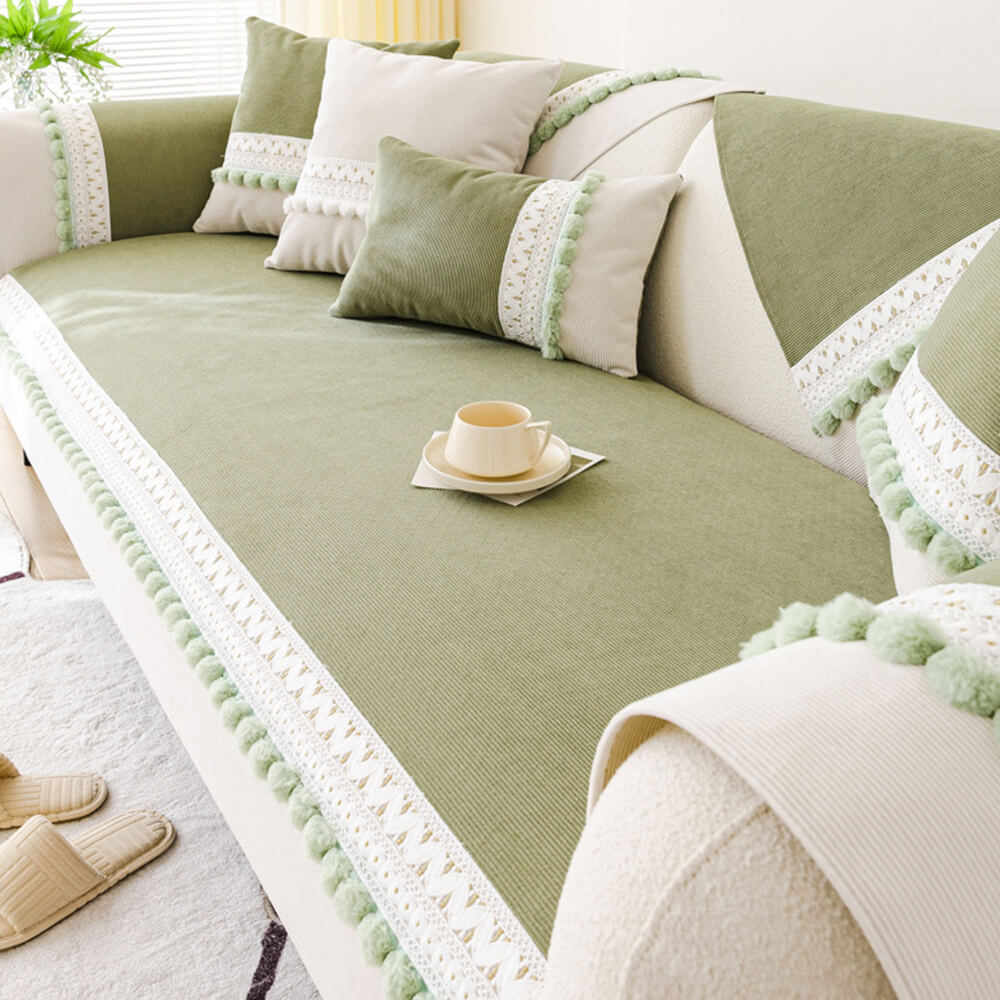 All-Season Waterproof Anti-Scratch Soft Corduroy Couch Cover with Pom-poms