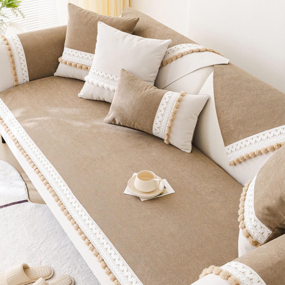 All-Season Waterproof Anti-Scratch Soft Corduroy Couch Cover with Pom-poms