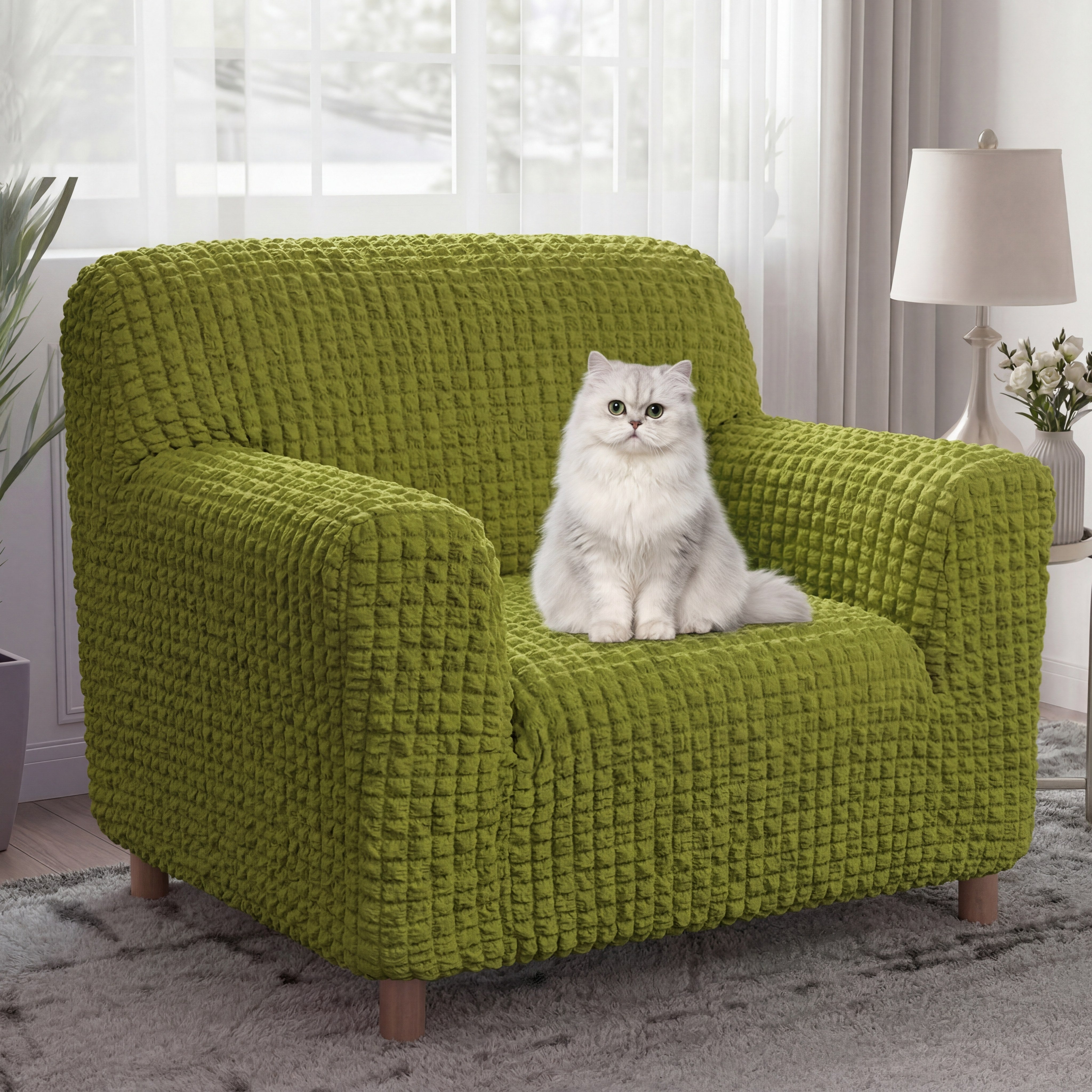Cream Style Seersucker Breathable Stretchy Full-Coverage Magic Recliner Chair Cover