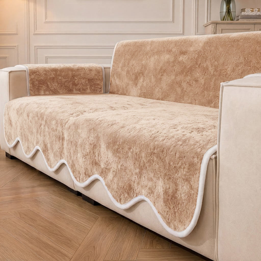 Waterproof Plush Velvet Contrast Wavy Edge Couch Cover