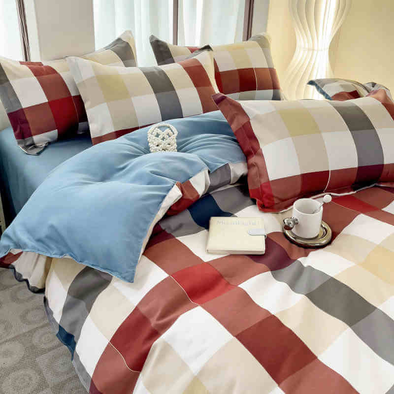 Classic Plaid Colour Block Stylish Breathable Bed Sheet Set