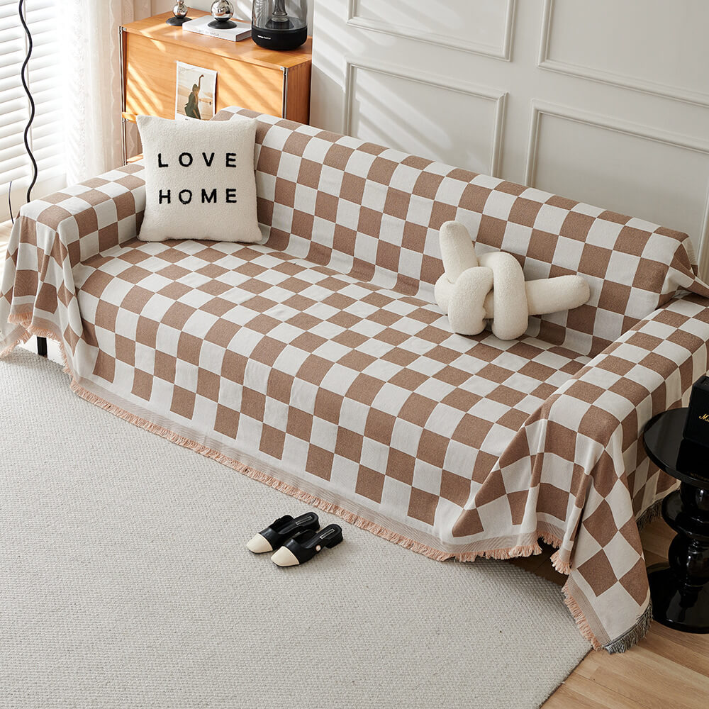 Colour Block Chequerboard Fringe Trim Sofa Blanket Couch Cover