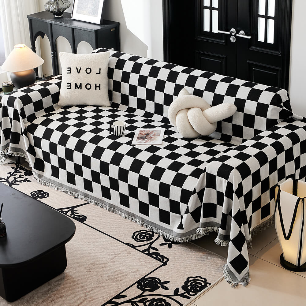 Colour Block Chequerboard Fringe Trim Sofa Blanket Couch Cover