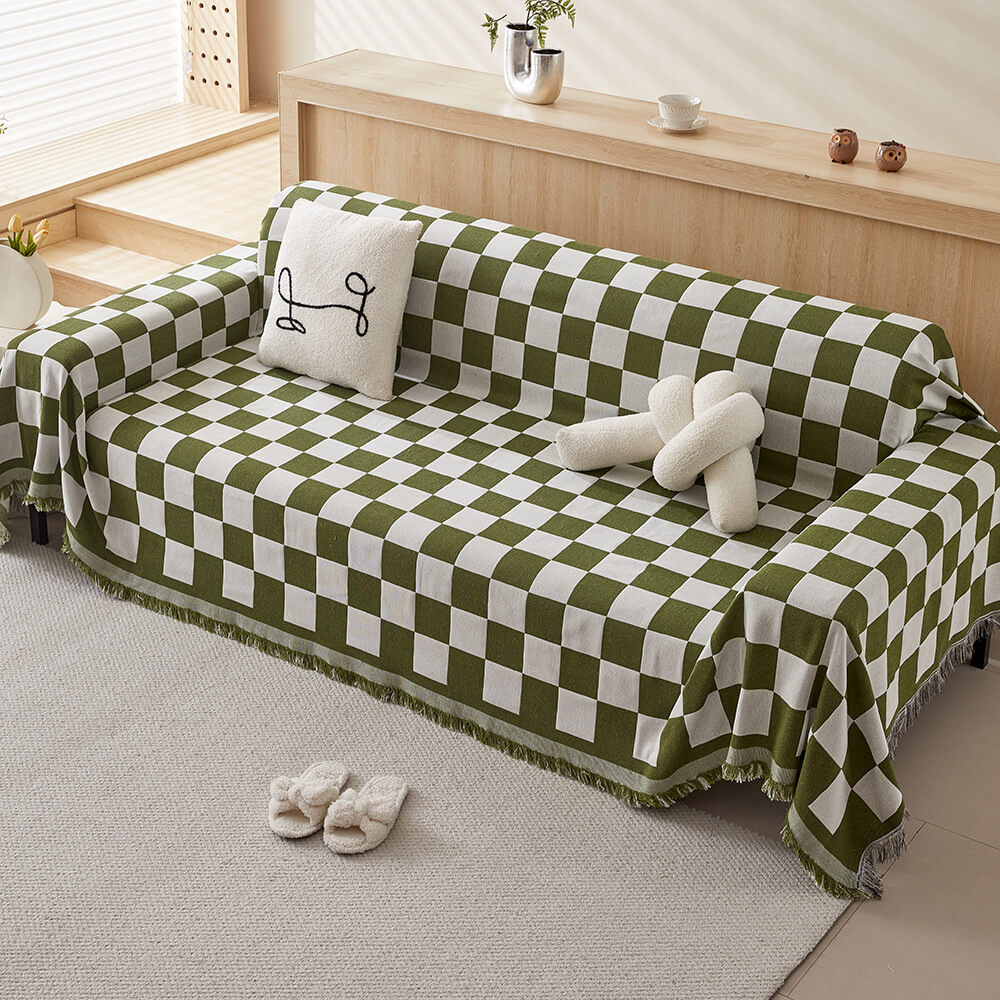 Colour Block Chequerboard Fringe Trim Sofa Blanket Couch Cover