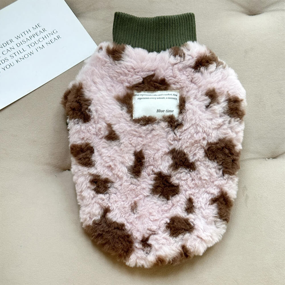 Fluffy Cow Print Dog Sweater - Cozy and Trendy Winter Wear