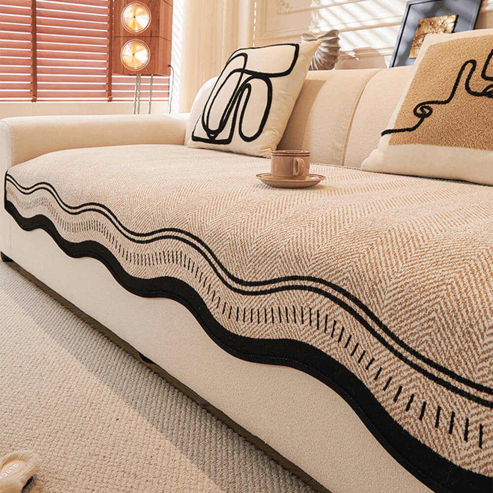 Non-Slip Herringbone Chenille Couch Cover with Wavy Edges