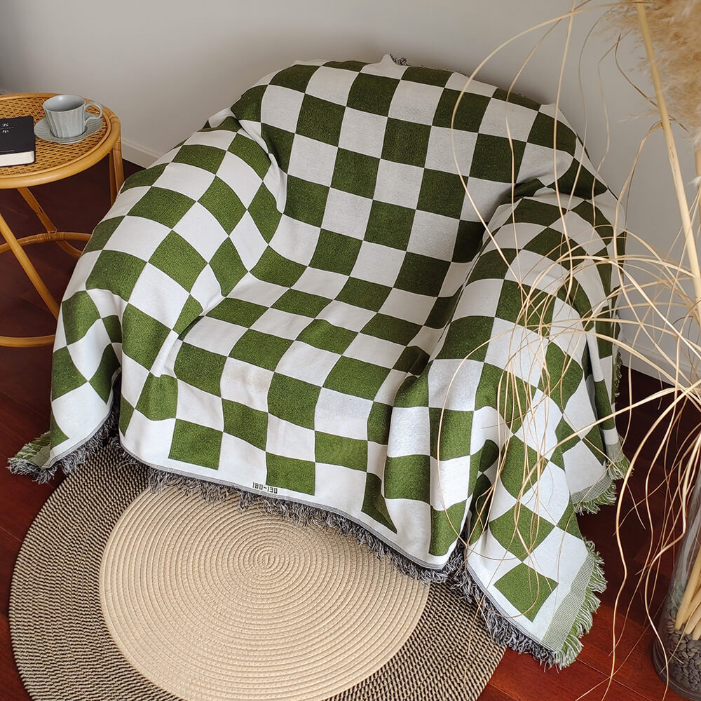 Colour Block Chequerboard Fringe Trim Sofa Blanket Couch Cover