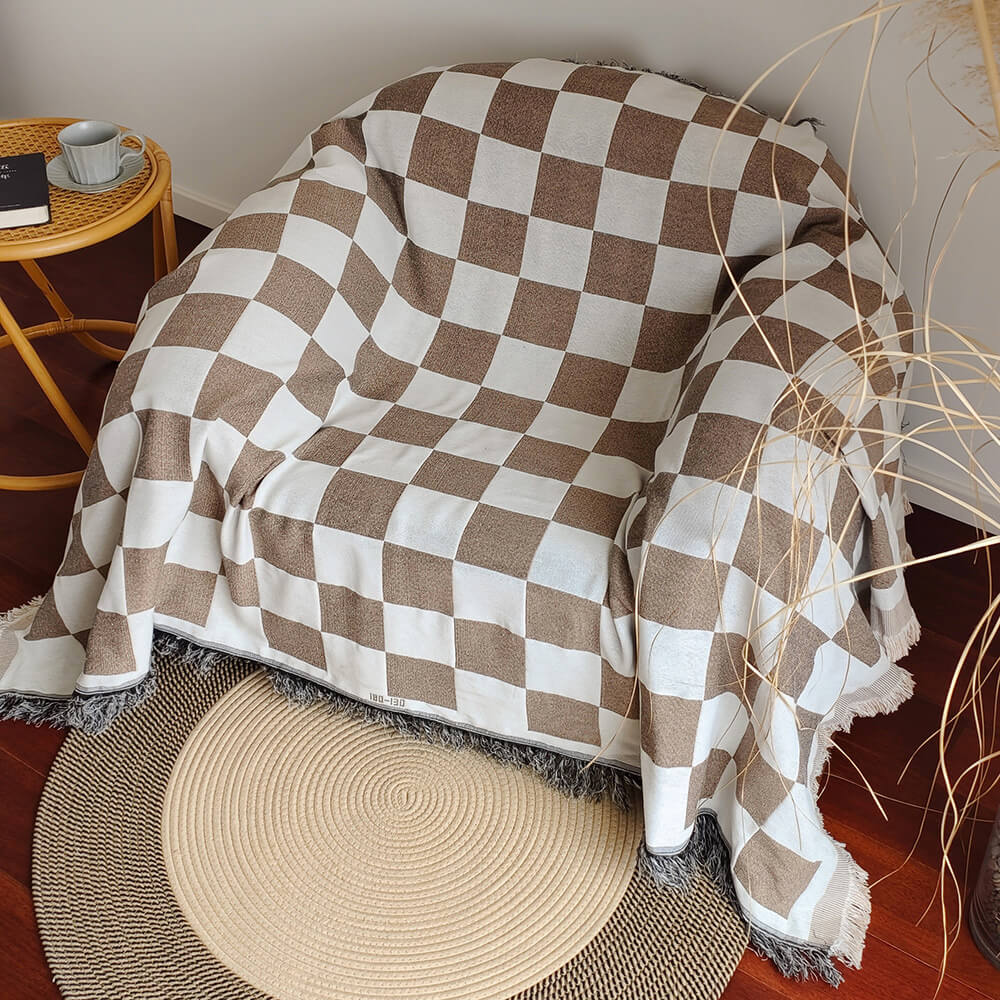 Colour Block Chequerboard Fringe Trim Sofa Blanket Couch Cover