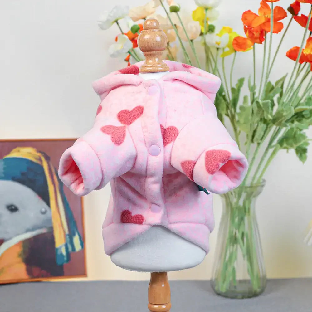 Pink Heart Print Hooded Long-Sleeve Dog Sweatshirt