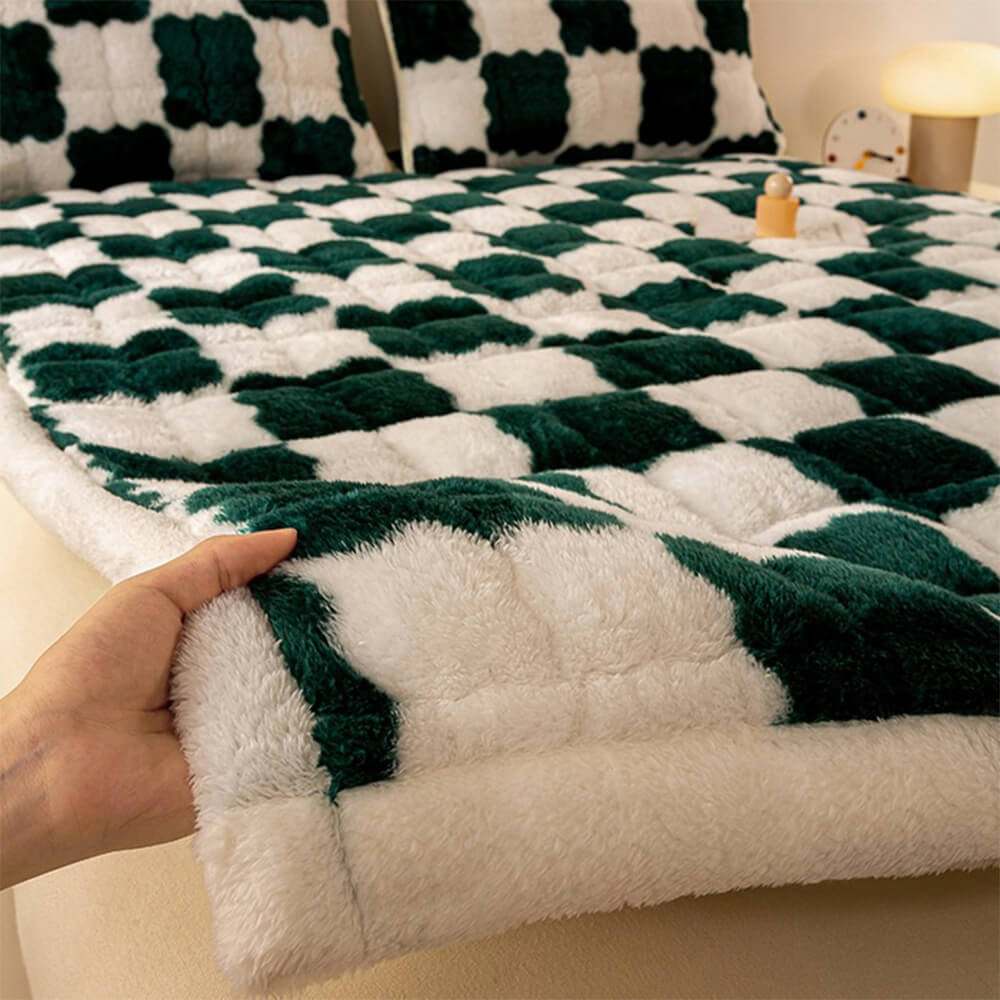 Warm Chequerboard Plush Mattress Topper and Pillowcase