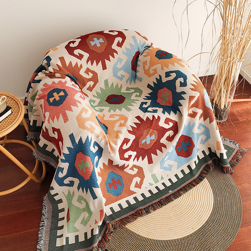 Colour Block Chequerboard Fringe Trim Sofa Blanket Couch Cover