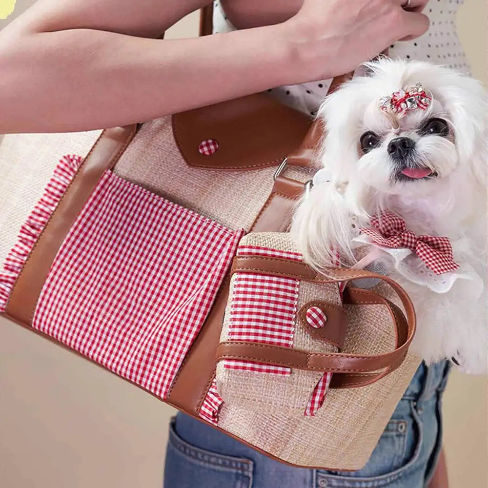 Portable Faux Woven Water-Repellent Pet Carrier Bag with Poop Bag Dispenser