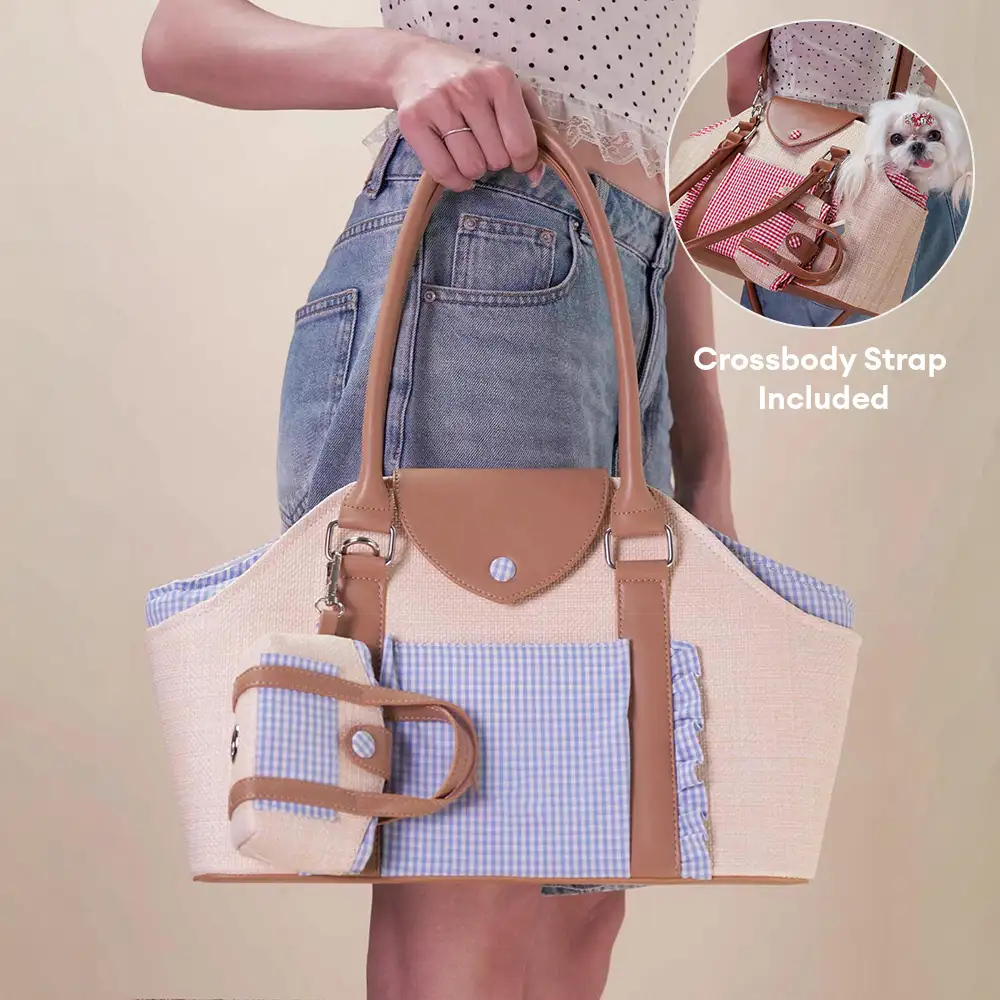 Portable Faux Woven Water-Repellent Pet Carrier Bag with Poop Bag Dispenser