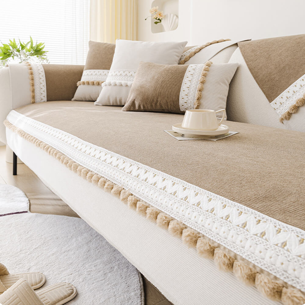 All-Season Waterproof Anti-Scratch Soft Corduroy Couch Cover with Pom-poms
