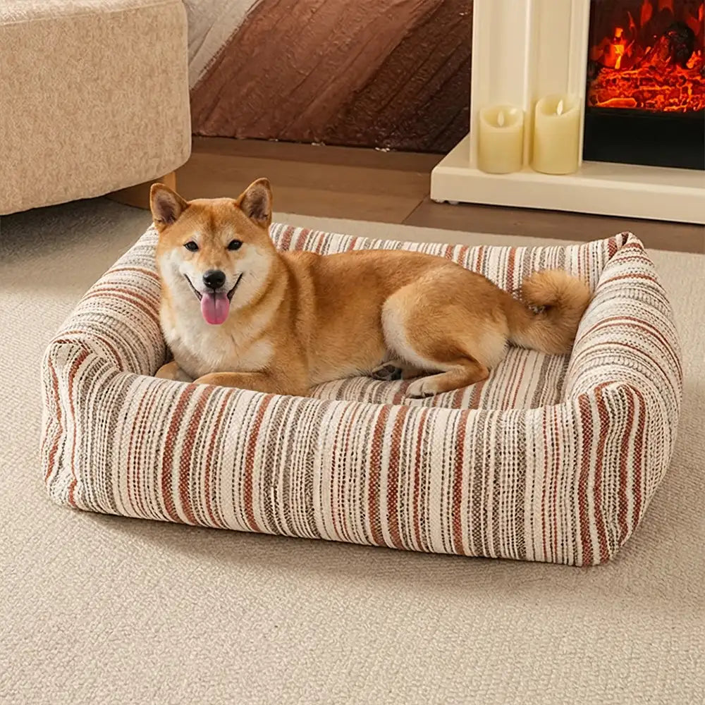 Striped Chenille Scratch-Resistant Breathable Neck Support Dog Square Bed