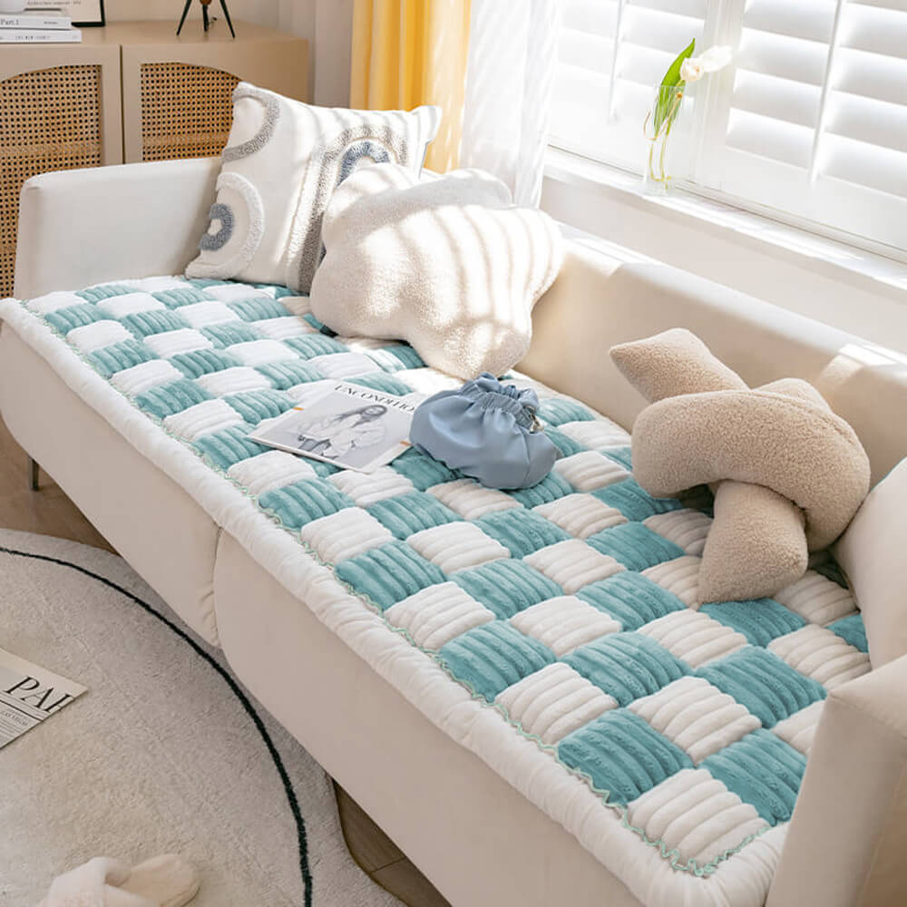 Cream-coloured Large Plaid Square Pet Carpet Bed Couch Cover