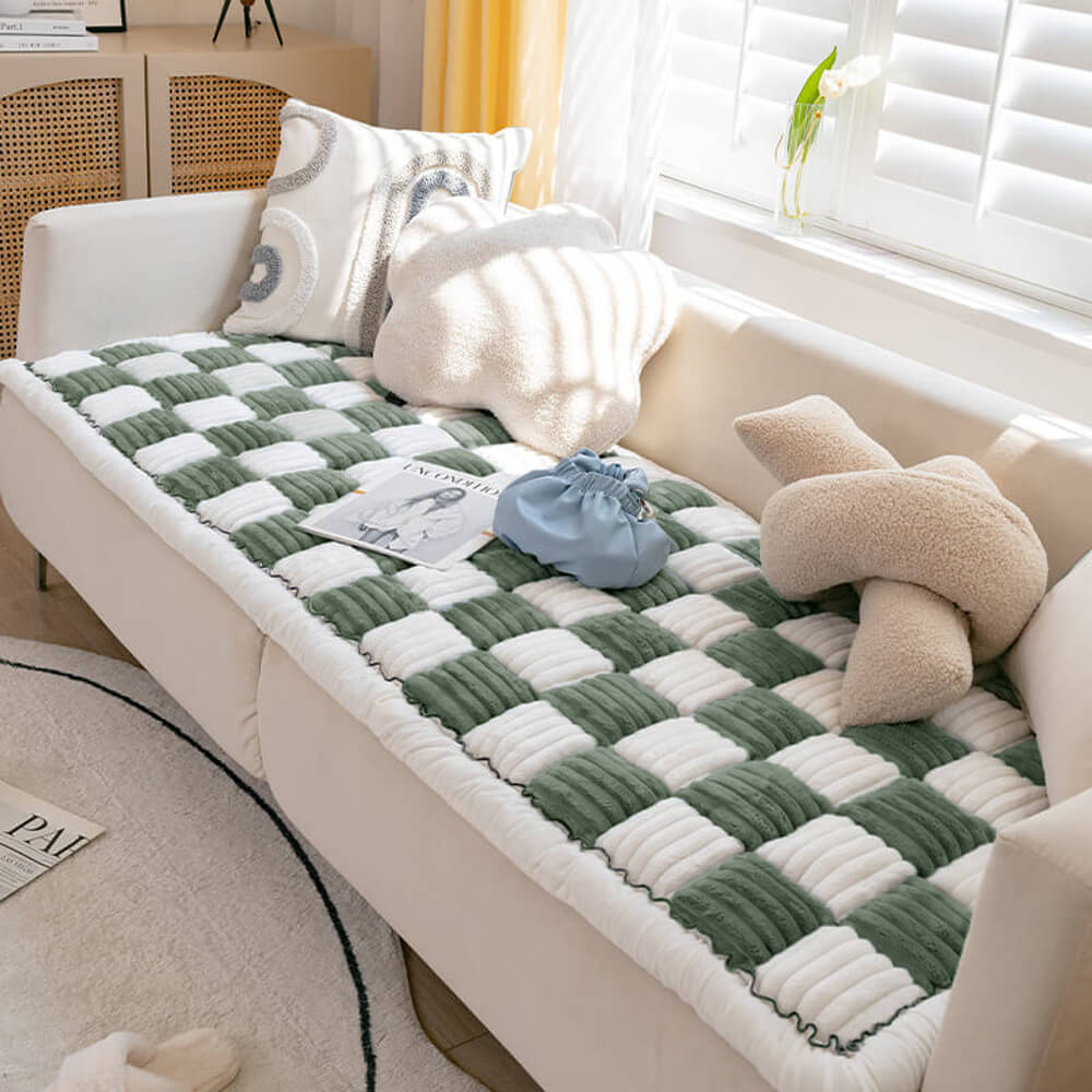 Cream-coloured Large Plaid Square Pet Carpet Bed Couch Cover