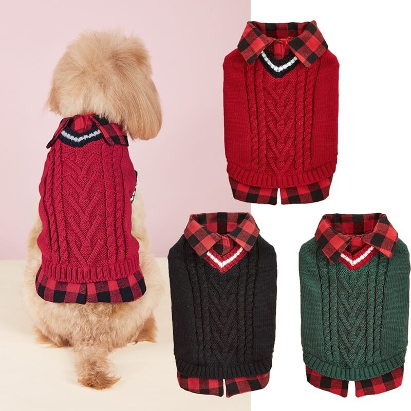 Perfect for Fall Winter Plaid Collar Cable Knit Dog Sweater Vest