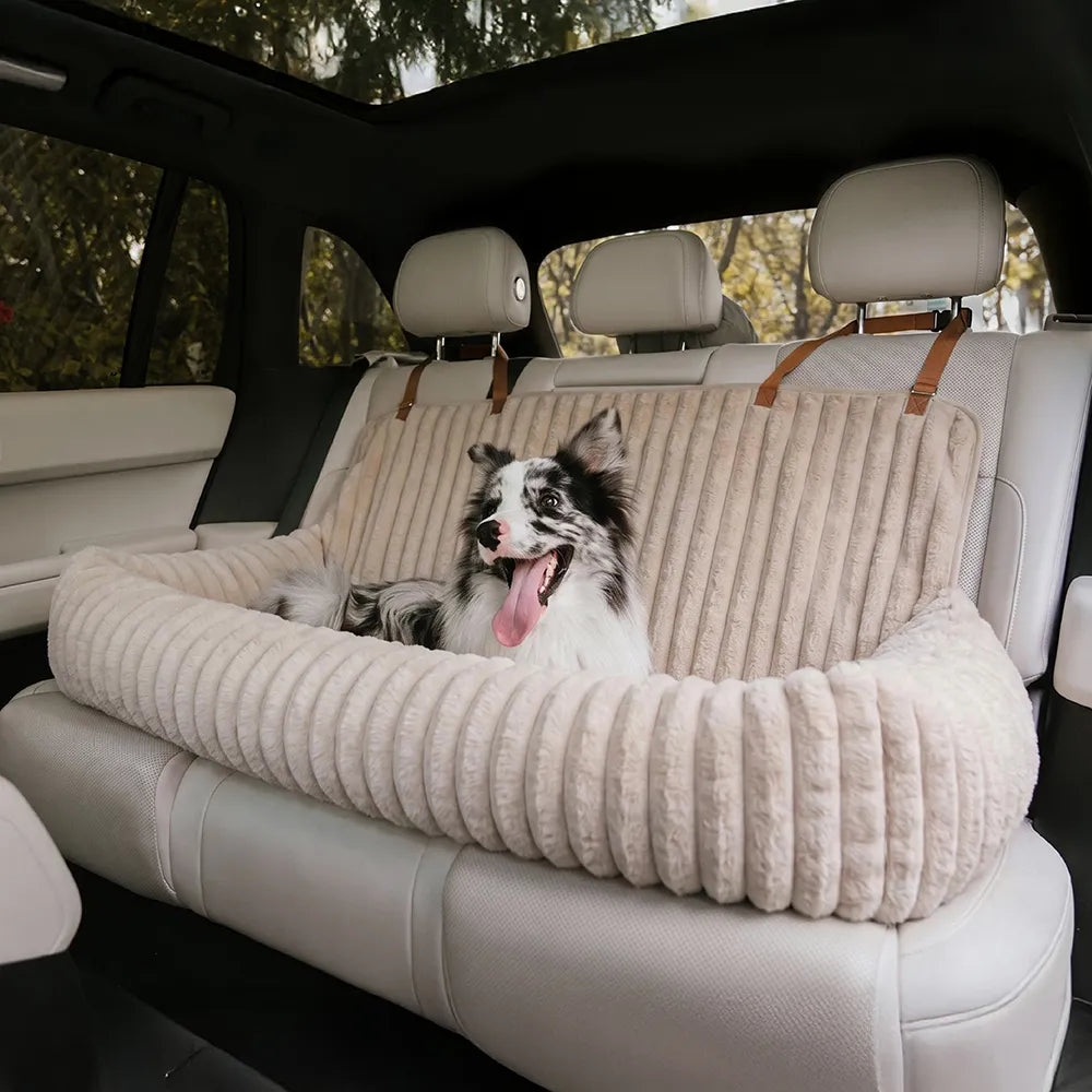 Waterproof Ribbed Plush Bolster Dog Car Seat Bed & Safety Tethers