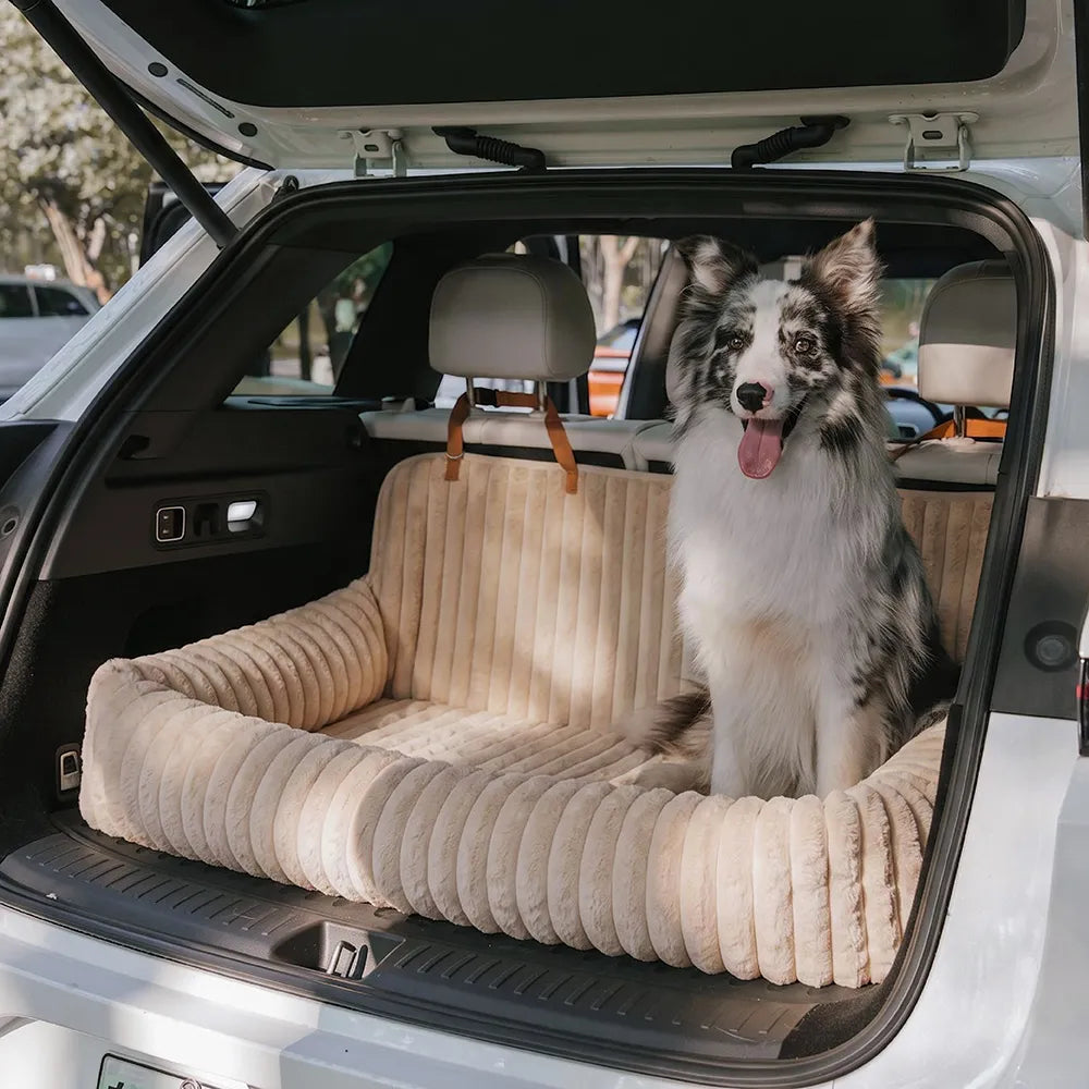 Waterproof Ribbed Plush Bolster Dog Car Seat Bed & Safety Tethers