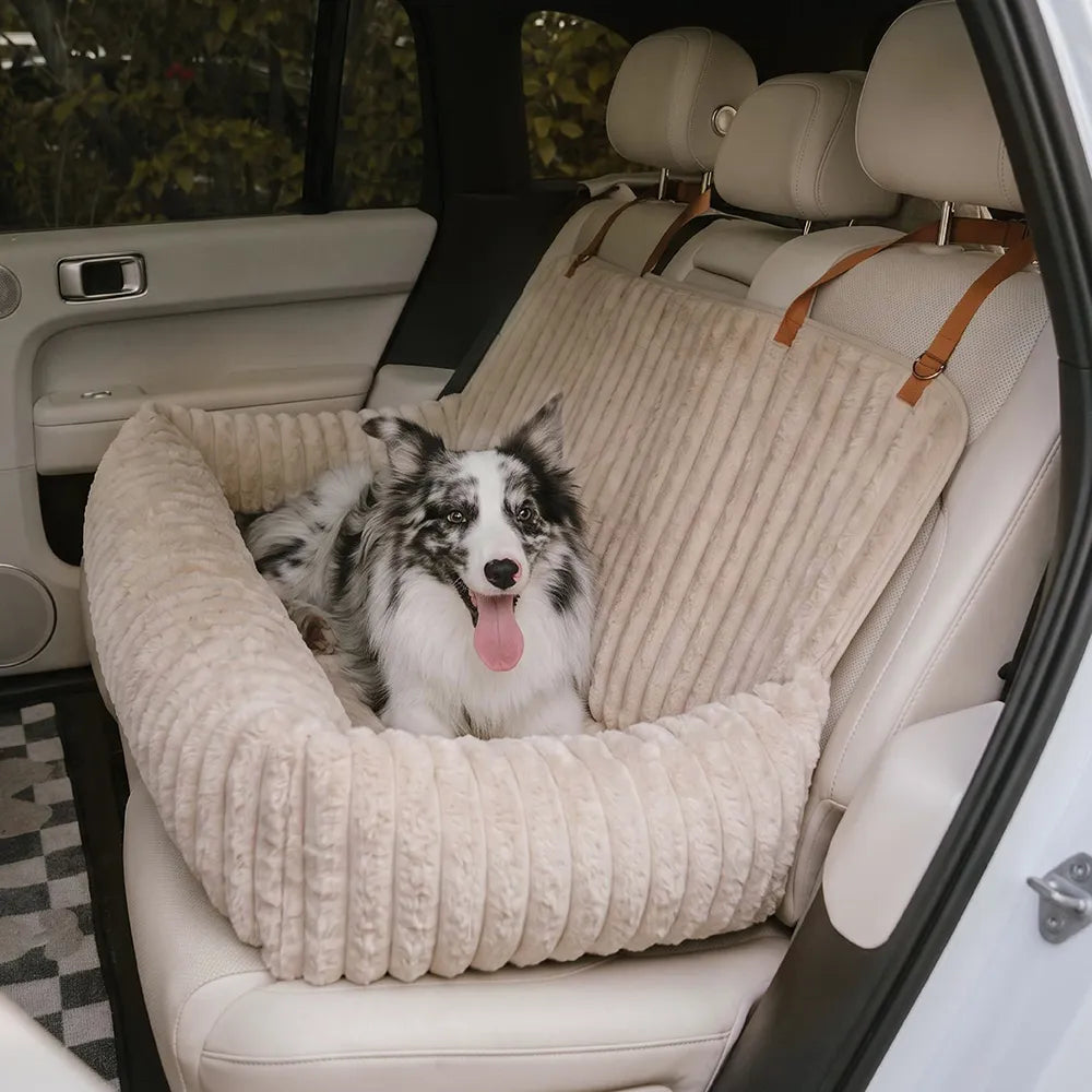 Waterproof Ribbed Plush Bolster Dog Car Seat Bed & Safety Tethers