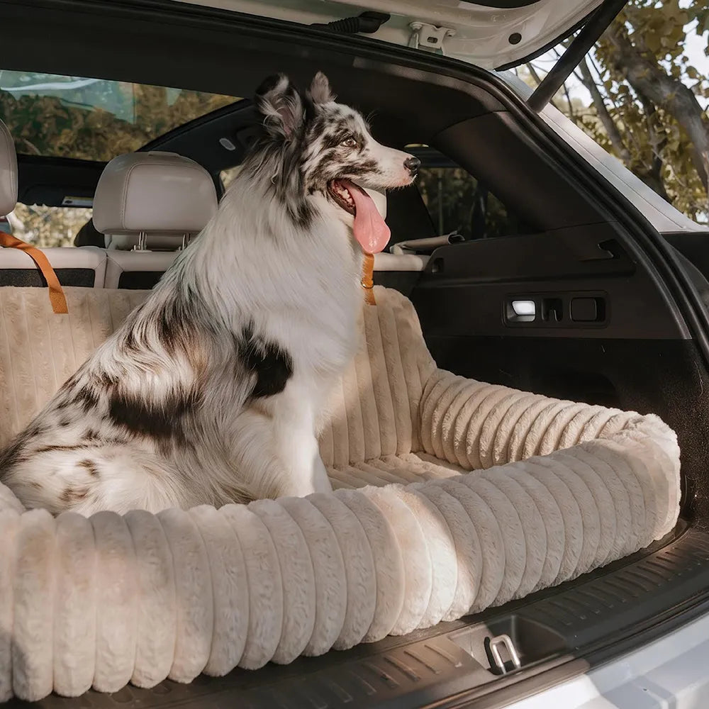 Waterproof Ribbed Plush Bolster Dog Car Seat Bed & Safety Tethers