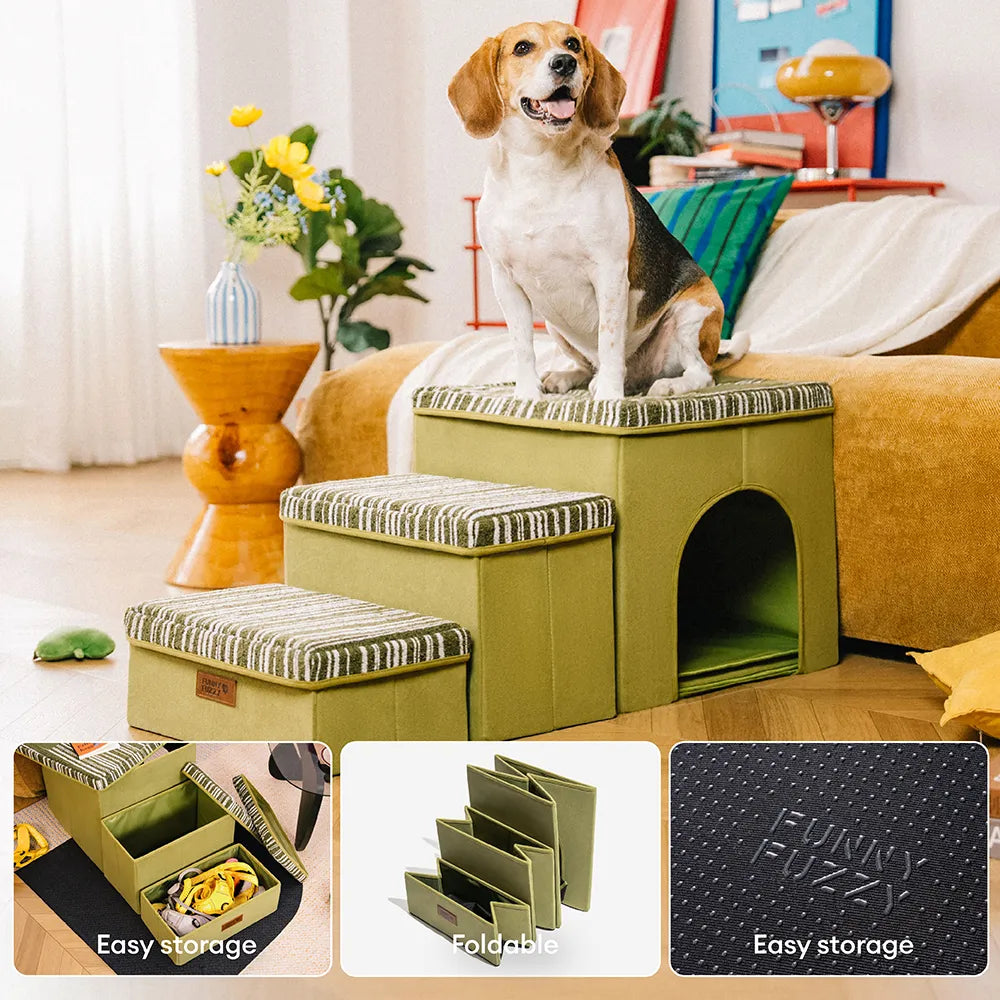 Foldable Dog Stairs with Storage and Condo - Funnyfuzzy SnugNest
