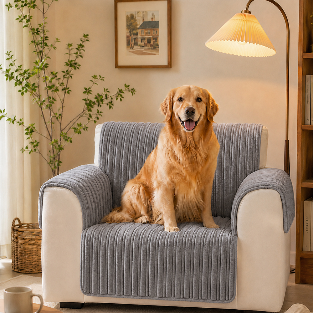 One-Piece Waterproof Pet-Friendly Ribbed Plush Recliner Couch Cover- Cozy Nest