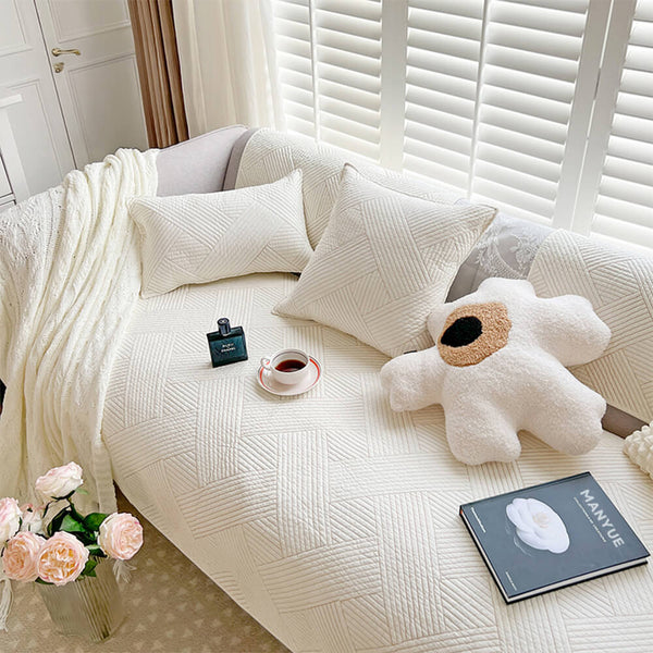 Minimalist All-Season Solid Cotton Geometric Quilted Anti-Slip Couch Cover