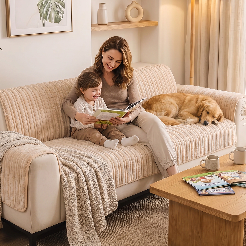 One-Piece Waterproof Pet-Friendly Ribbed Plush Recliner Couch Cover- Cozy Nest