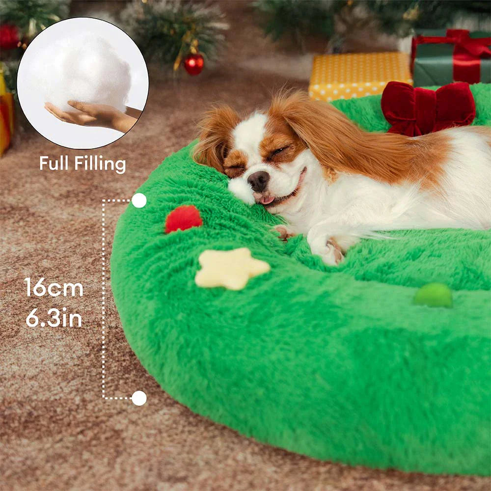 FUNNYFUZZY Christmas Wreath Plush Calming Dog Bed – HolidaySnuggle