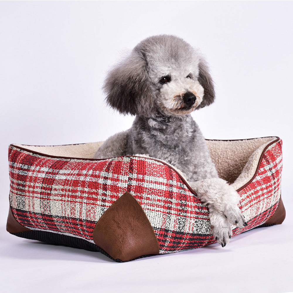 Square Vintage Plaid Faux Sherpa PU Leather Dog & Cat Bed