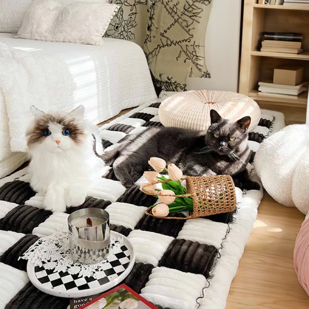 Cream-coloured Large Plaid Square Pet Carpet Bed Couch Cover