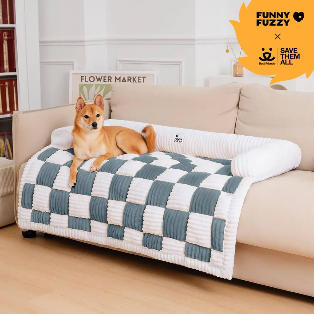 Cream Square Plaid Cozy Dog Mat Furniture Protector Cover