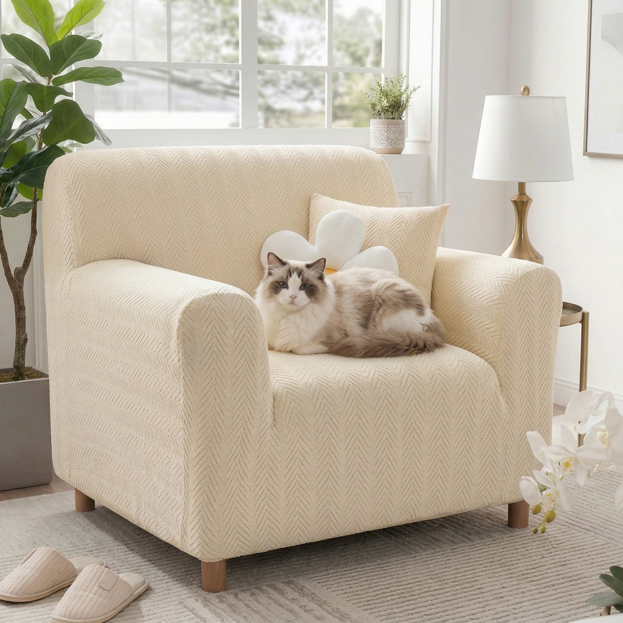 Elegant Herringbone Cream Aesthetic Stretch Magic Recliner Chair Covers