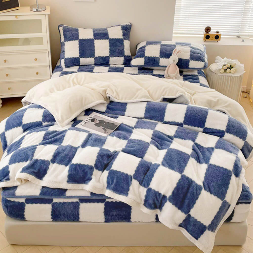 Milk Velvet Checkerboard Quilted Bed Sheet Set