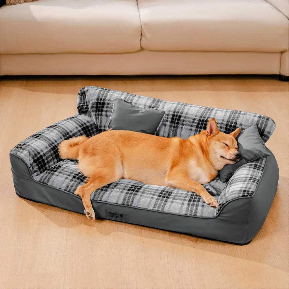 Vintage Plaid Plush Orthopedic Dog Sofa Bed with Pillows - CozyLuxe