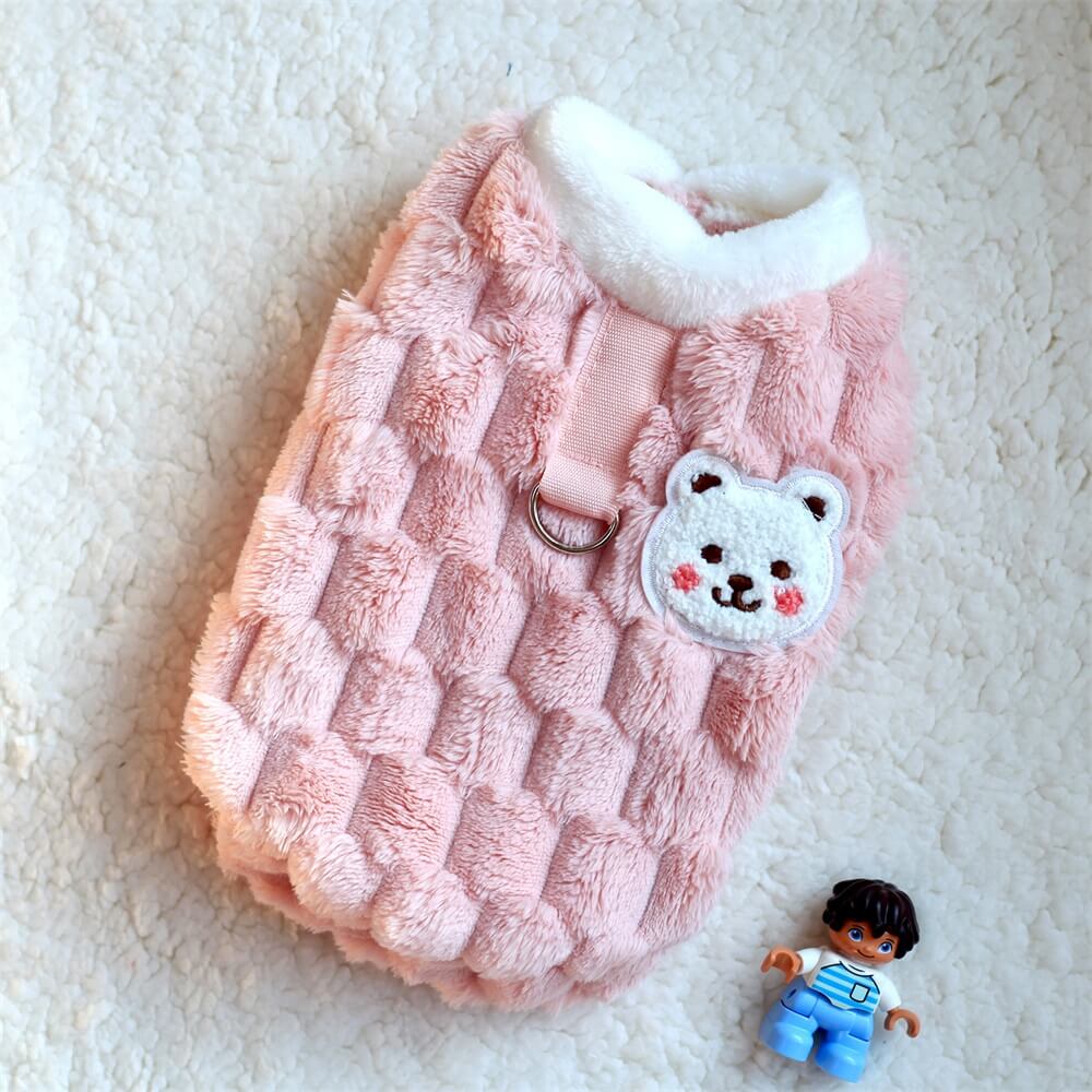 Cozy and Playful Bear-Themed Fuzzy Dog Vest - Perfect for Cold Weather Walks