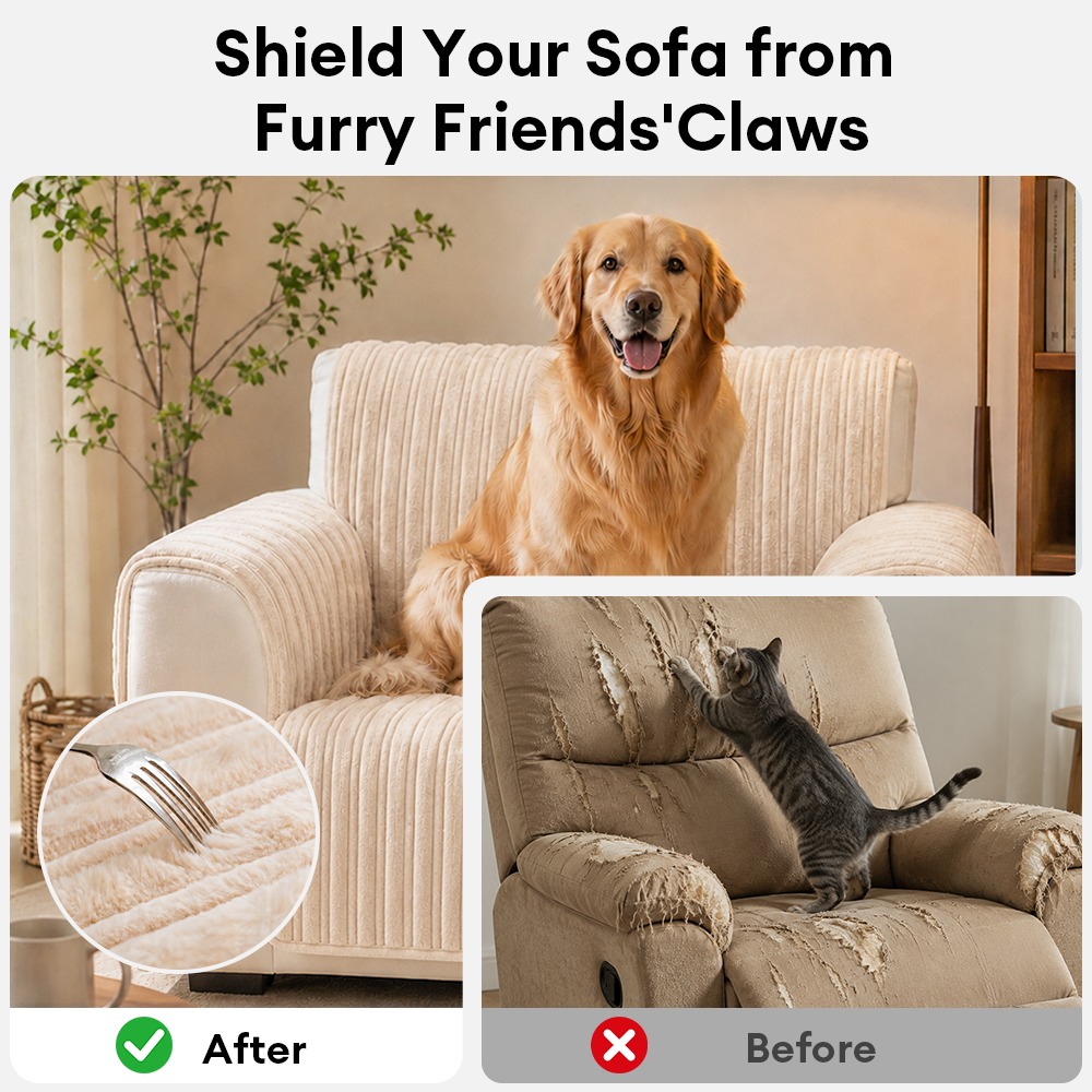 One-Piece Waterproof Pet-Friendly Ribbed Plush Recliner Couch Cover- Cozy Nest